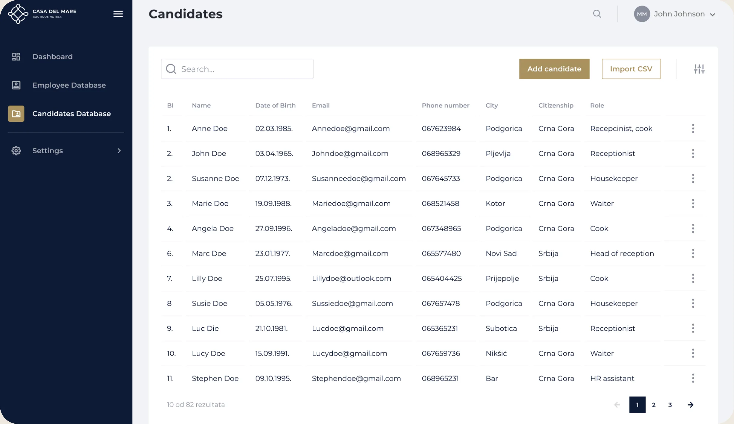 Candidate database in the Casa del Mare HR platform