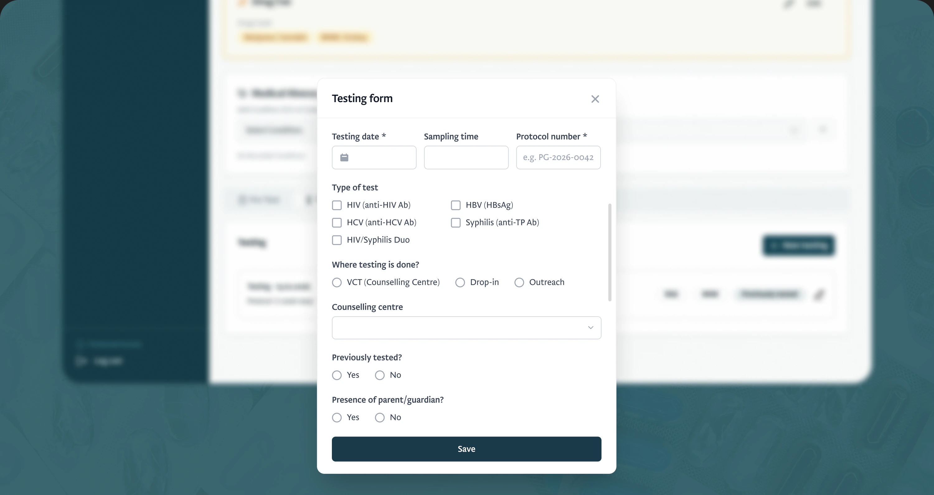 Testing form capturing the date, sampling time, protocol number, the four tests and where the testing was done