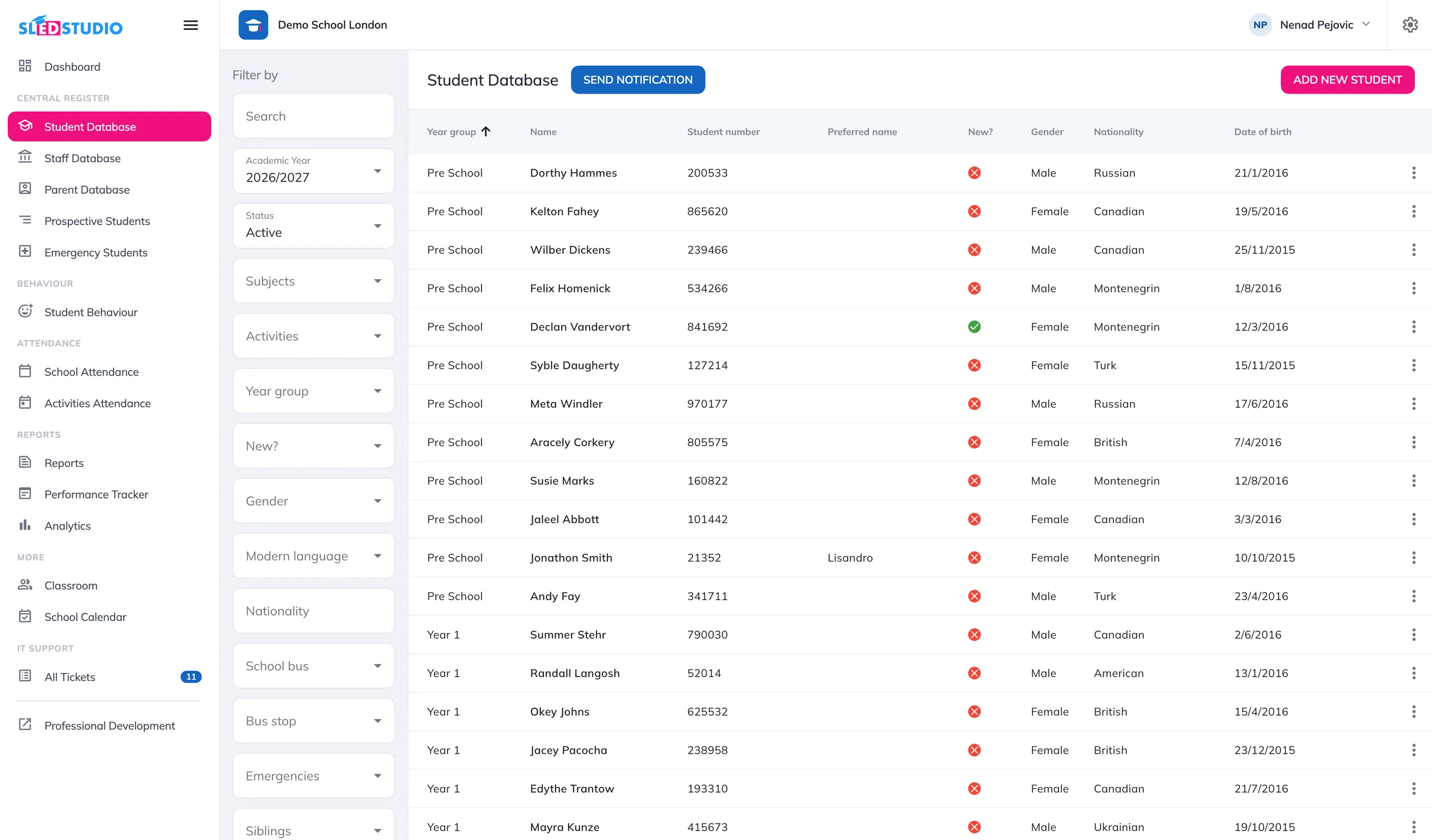 Redesigned Sled Studio student database with the school's own brand colours