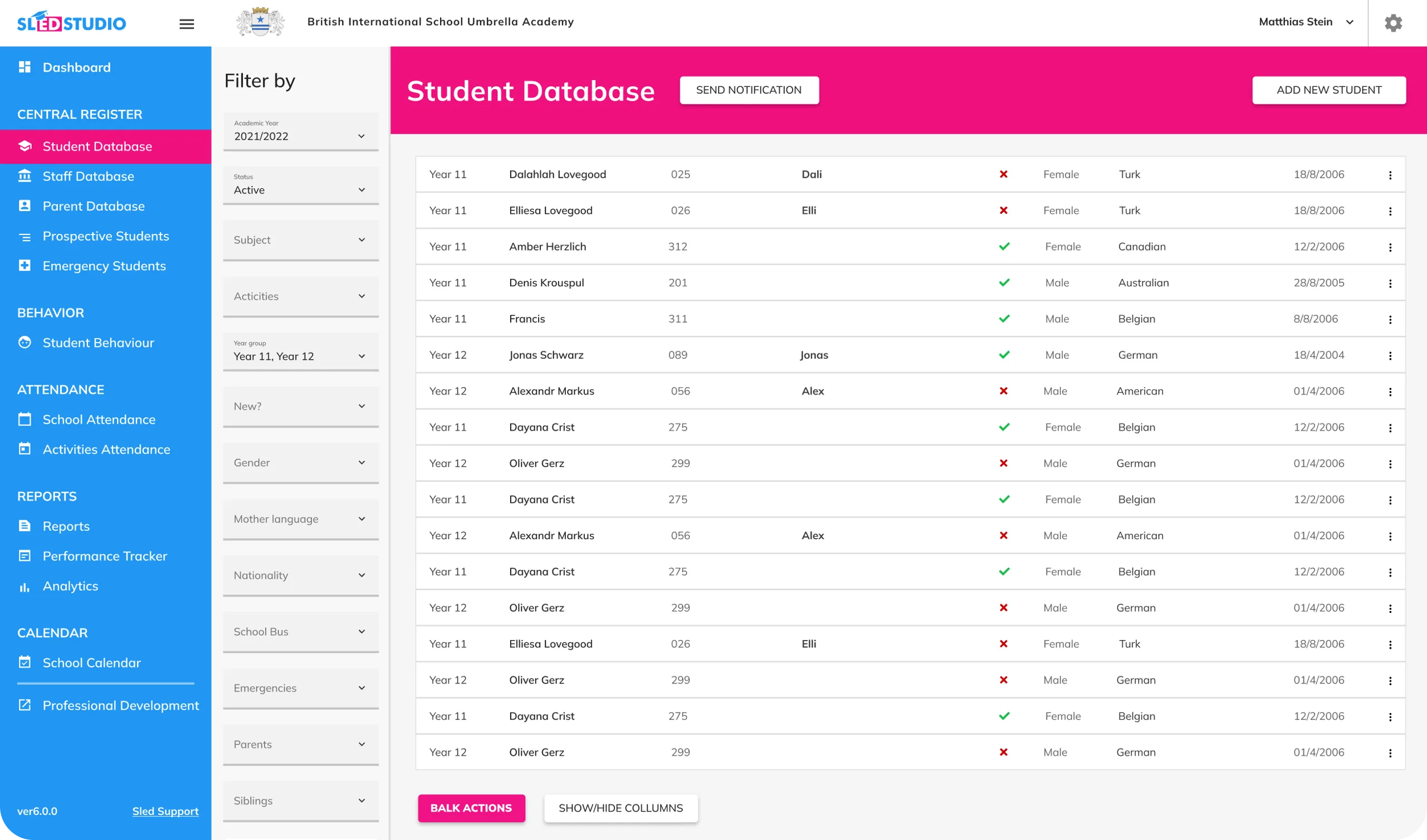 Original Sled Studio student database with the blue sidebar