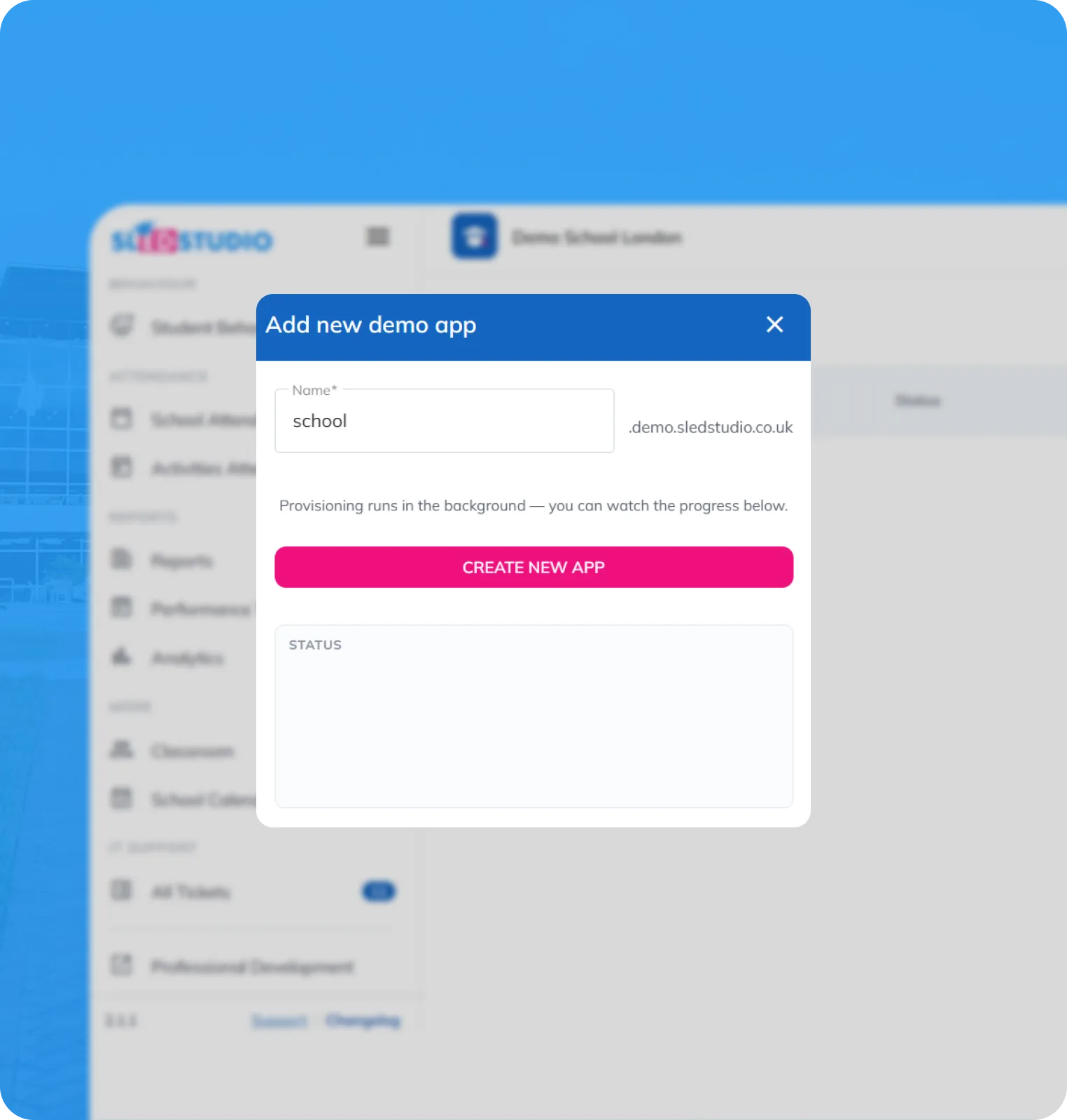 Add new demo app dialog provisioning a demo school on its own subdomain